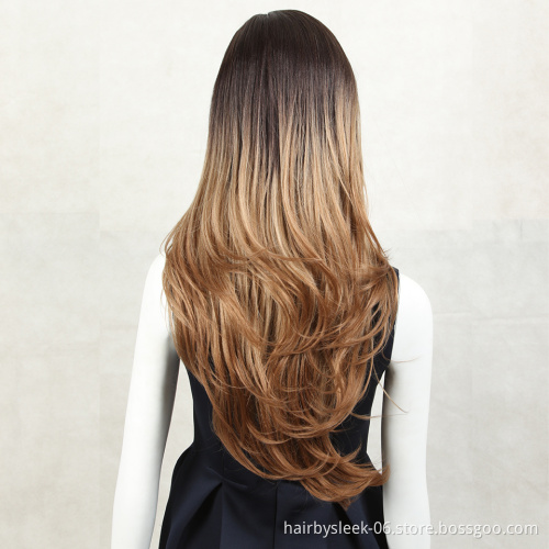 Magic 30 Medium Brown Color Synthetic Hair Wigs For Women Long Natural Wavy Lace Front Wig With Natural Hairline Middle Part